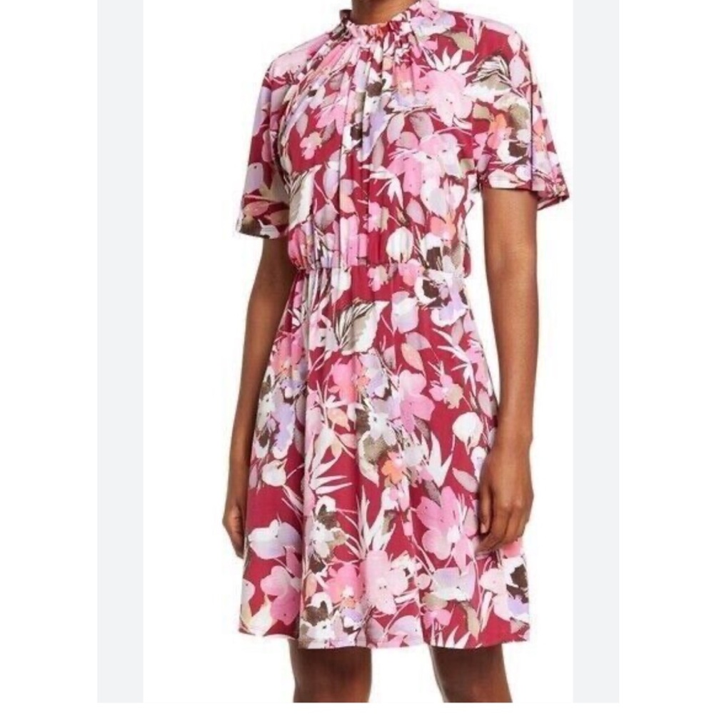 MAGGY LONDON size 0 Berry Floral Ruffle Neck Dress NEW Nordstrom! $118